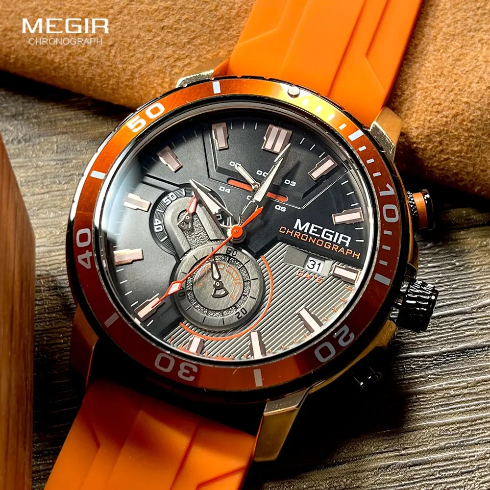 MEGIR 2224 Men Quartz Watch Sport Fashion Creative Cool Orange Silicone Strap Chronograph Luminous Date Wristwatch for Male