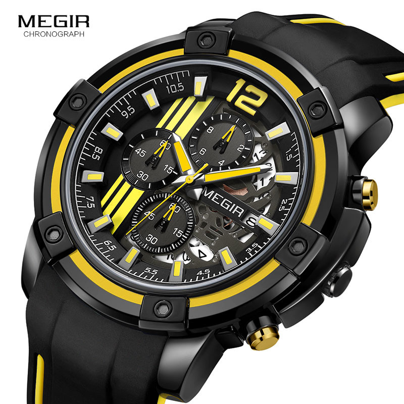 Megir Men's Black Silicone Strap Quartz Watches Chronograph Sports Wristwatch for Man 3atm Waterproof Luminous Hands 2097 Yellow