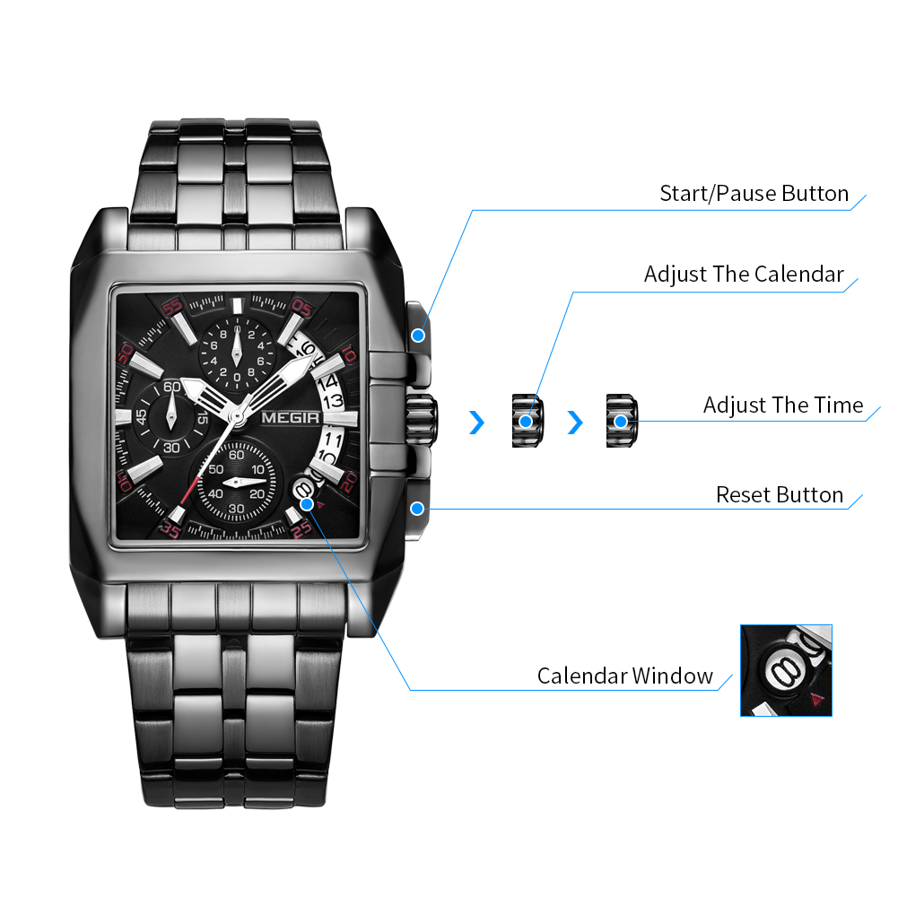 MEGIR Original Luxury Men Watch Stainless Steel Quartz Military Wristwatch Business Big Dial Chronograph Relogio Masculino 2018