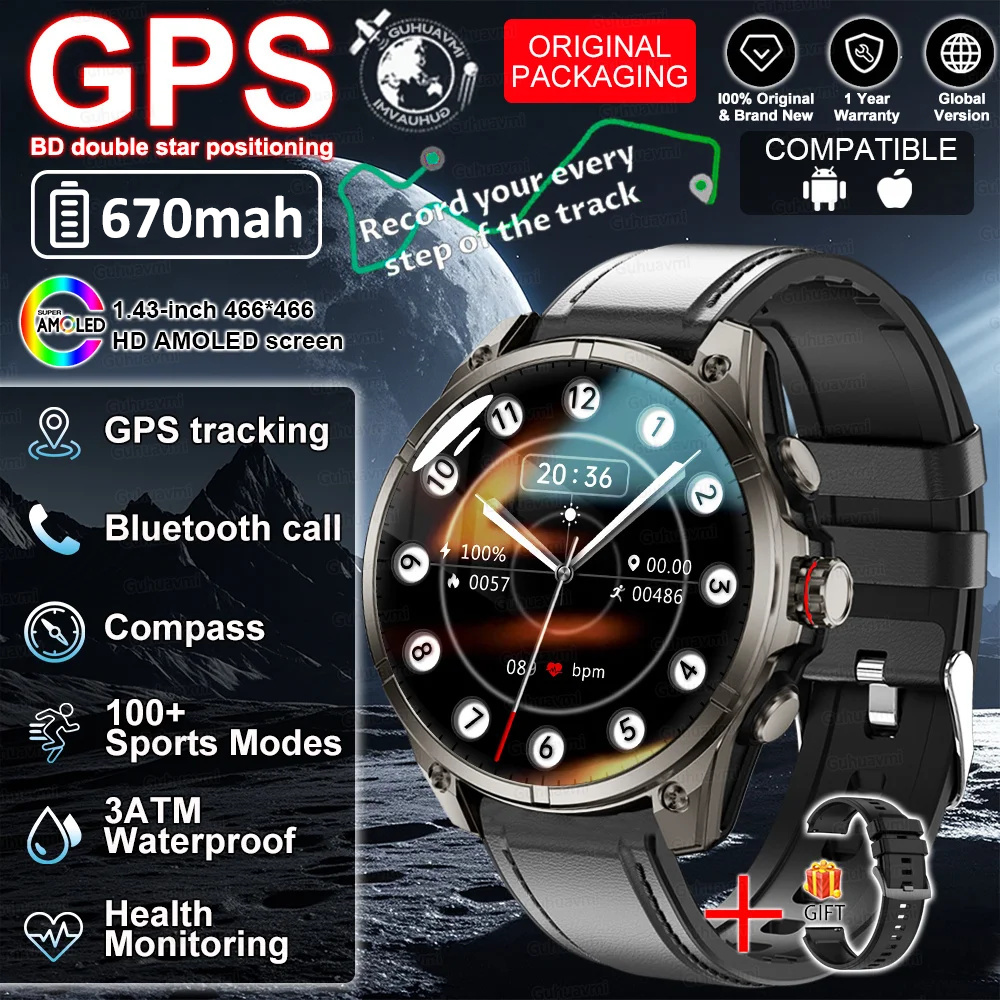 2026 GPS Smartwatch Outdoor Sports Waterproof Flashlight 1.43inch AMOLED Custom dial Call Compass Smart Watches For Android IOS