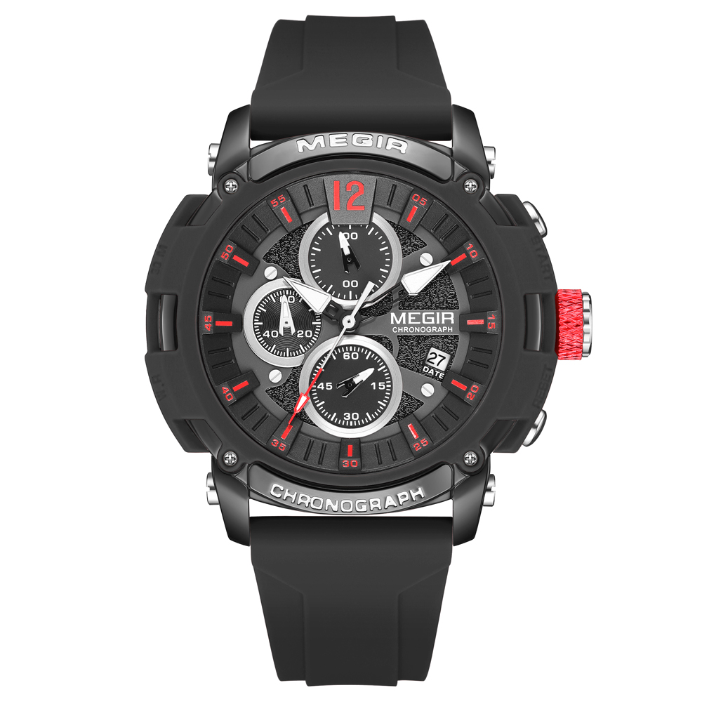 Megir Men's Chronograph Analog Quartz Watch for Men with Date Luminous Hands Orange Silicone Strap Waterproof Wristswatch Male
