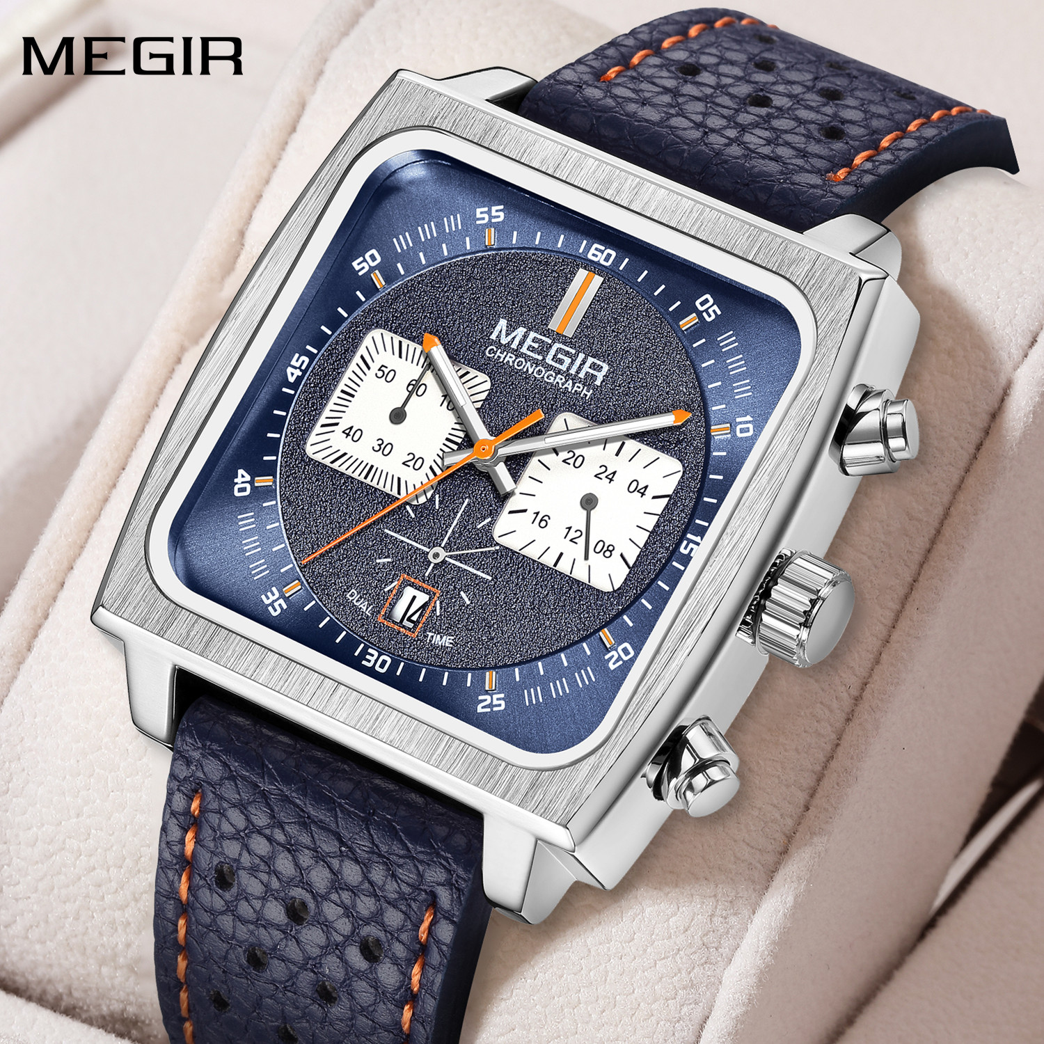 MEGIR Fashion Men Business Watches Chronograph Leather Strap Sport Military Wristwatch Luminous Clock 24-hour Reloj Hombre 2182