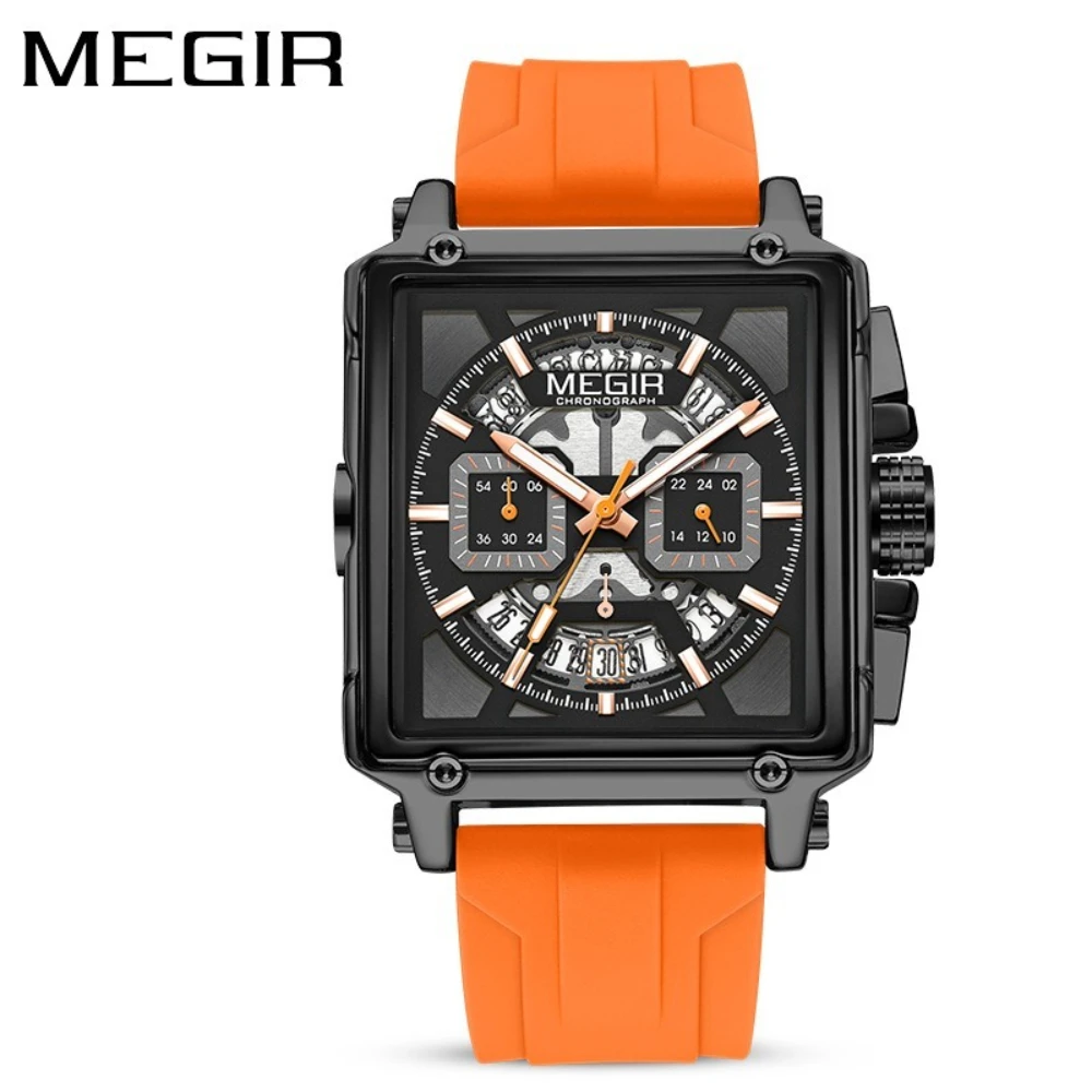 MEGIR 2233 Fashion Silicone Strap Luxury Square Watch Men's Watch Disc Quartz Chronograph Calendar Waterproof Watches for Men