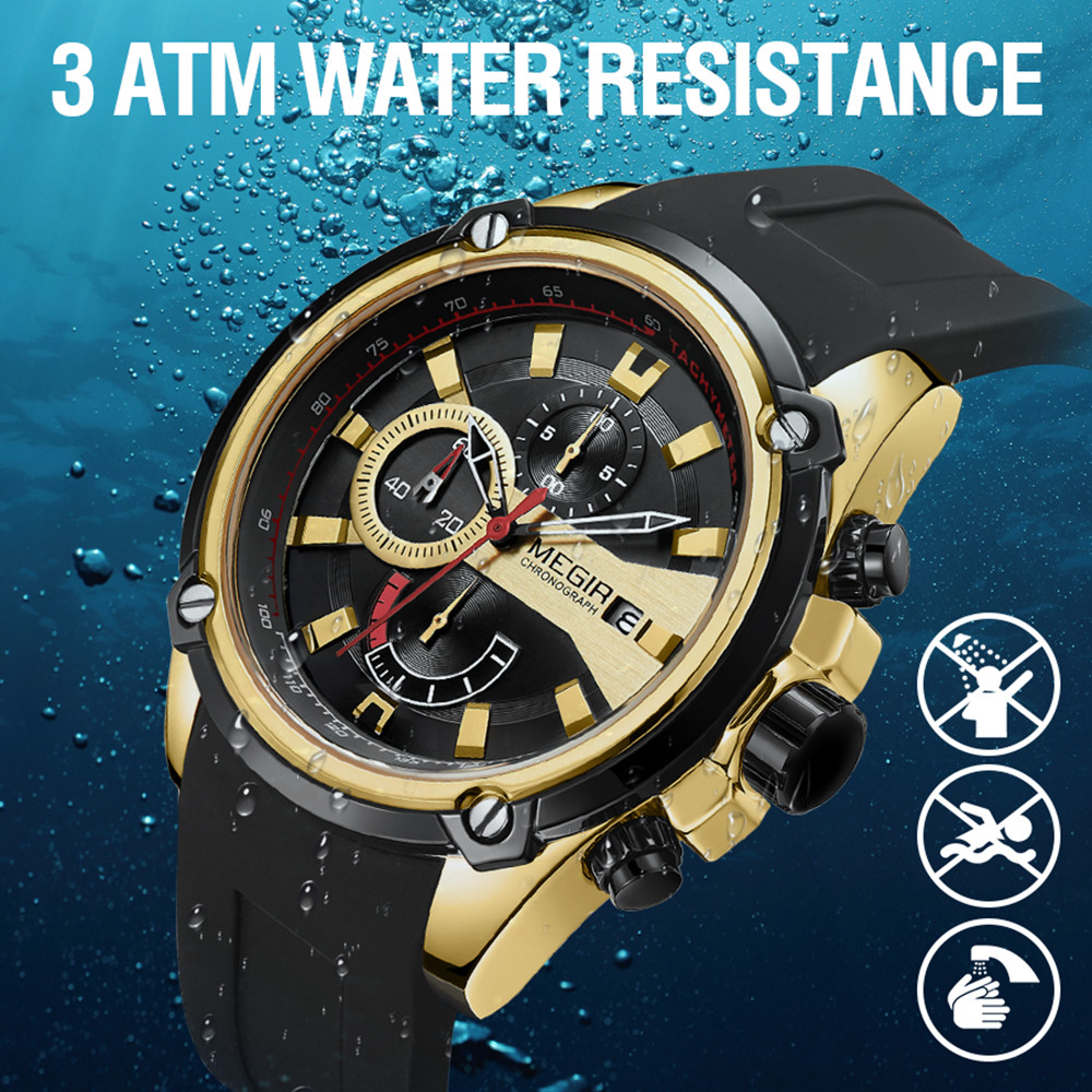 MEGIR Chronograph Luxury Brand Men Sports Watches Silicone Strap Quartz Casual Wristwatch Waterproof Calendar Reloj Hombre 2086