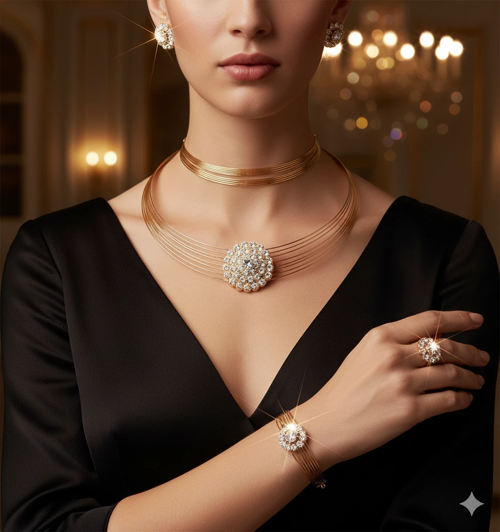 Golden Multi-Strand Choker & Crystal Flower Medallion Jewelry Set