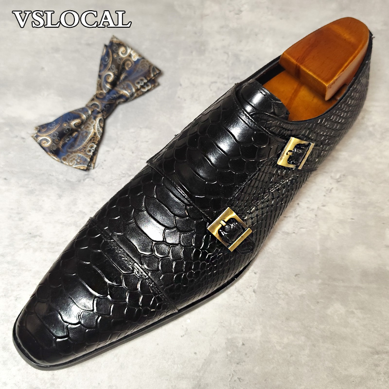 Luxury Men's Loafers Shoes Snake Prints Formal Dress Mens Casual Shoes Black Brown Genuine Leather Double Monk Shoes Men