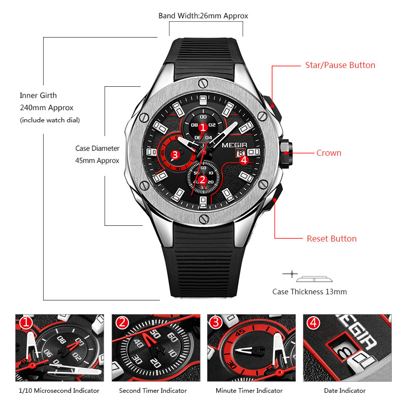 MEGIR Men's Sports Quartz Watches Fashion Silicone Strap Chronograph Wristwatch for Man Luminous Hands Waterproof 2053GBK