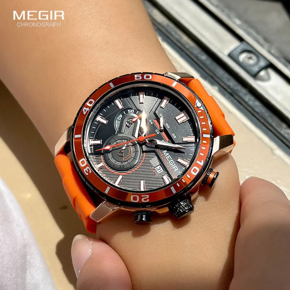 MEGIR 2224 Men's Quartz Watch Sport Fashion Creative Waterproof Silicone Strap Chronograph Night Light Date Watches for Man
