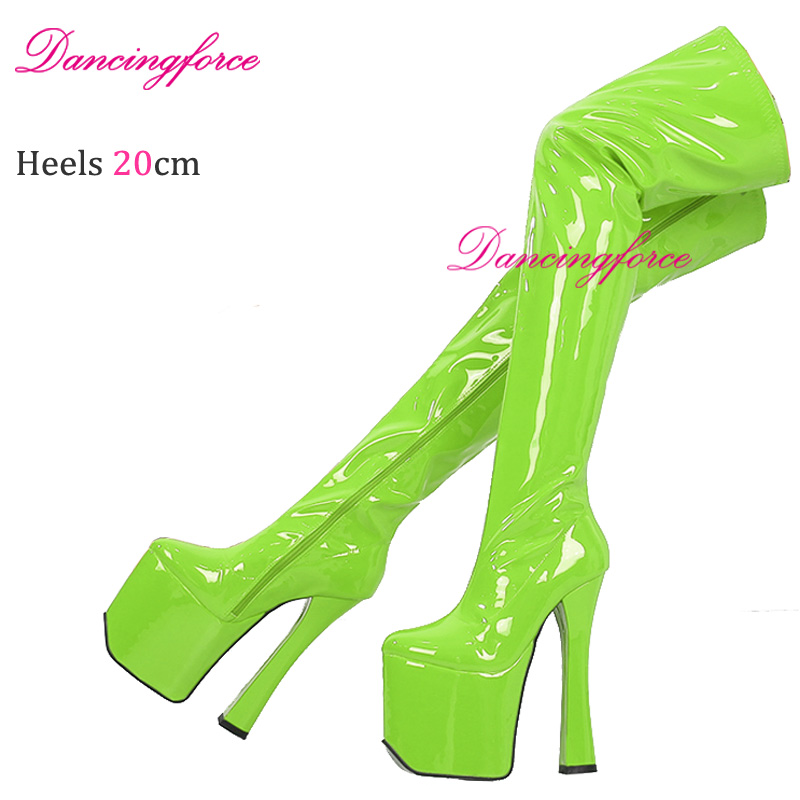 Metal Silver 20cm Block Heels Platform Thigh High Boots Ladies Glossy Nightclub Fetish Over Knee Long Shoes Plus Size