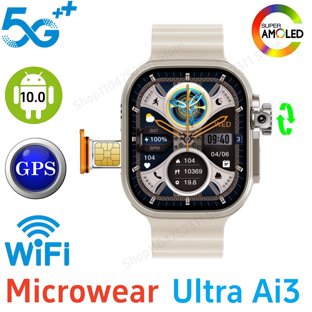 Microwear S10 Ultra Ai3 Smartwatch Android 4G 5G LTE Smart Watch With Rotating Camera NFC Compass Face recognition Global Call