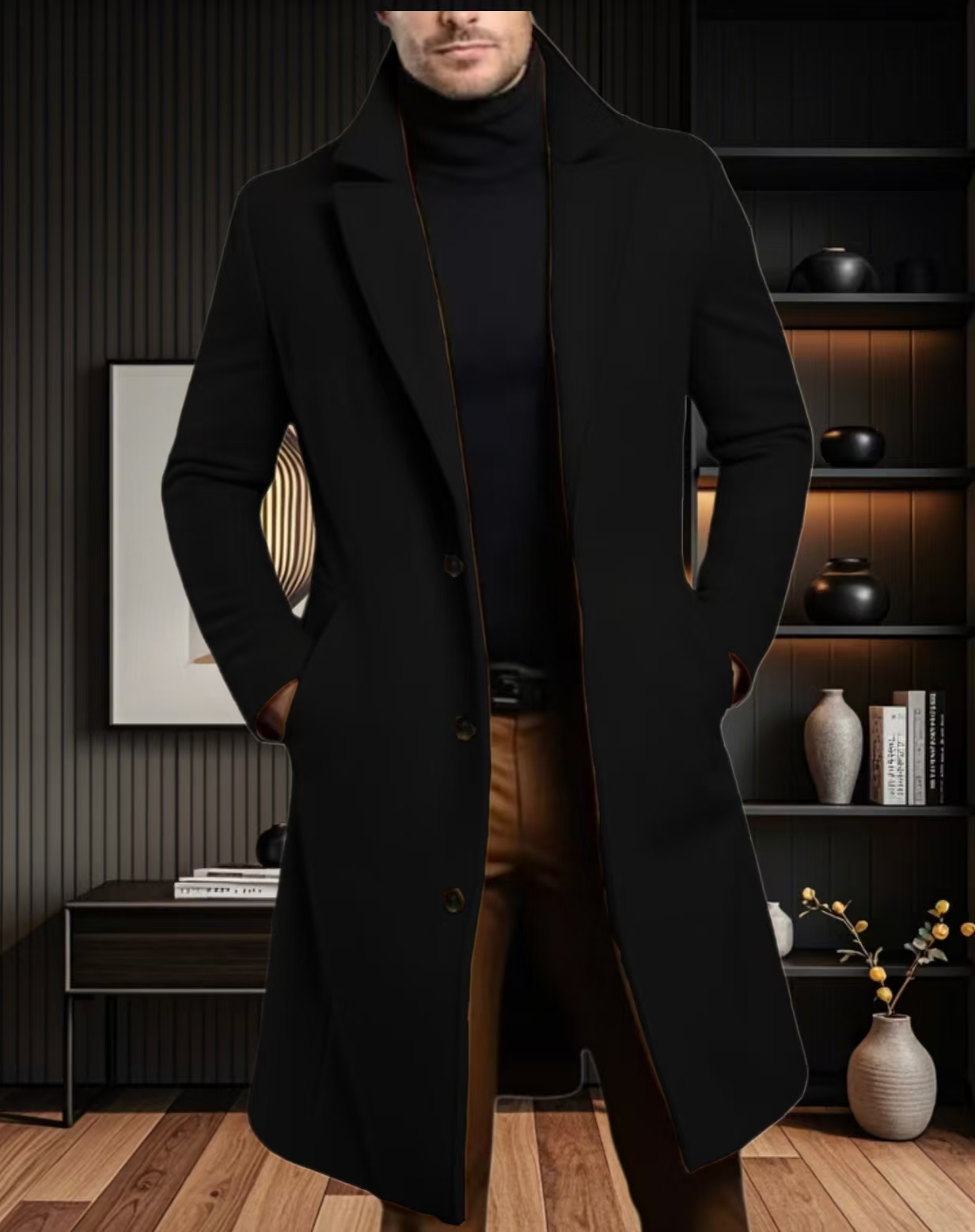 Men Lapel Coat Stylish Warm and Comfortable Black Trench Coat for Men Winter Autumn Overcoat Classic Lapel Daily Office