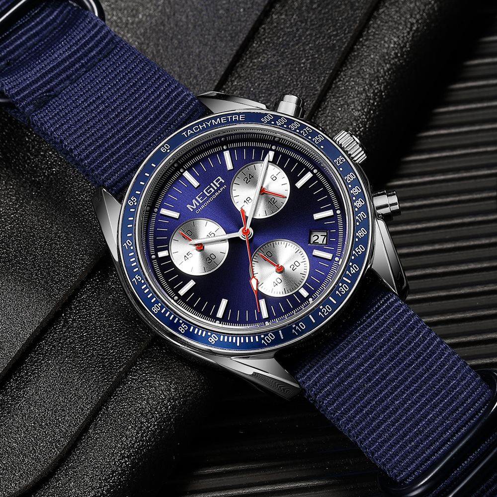 MEGIR Triple-eye Quartz Watch for Men's Nylon Braided Strap Waterproof Luminous Sports with Chronograph Fashion Wristwatch Male