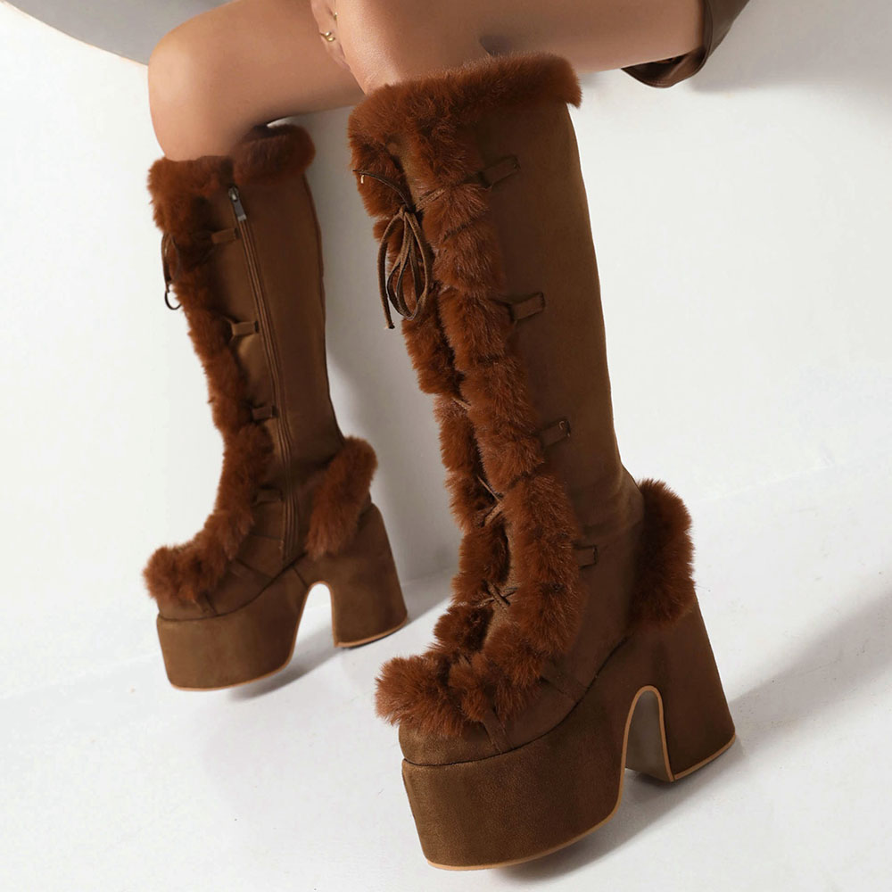 Big Size 46 Winter y2k Pink Knee High Boots Women White Chunky Platform Boots Gothic Black Faux Fur Block High Heels Boots Shoe