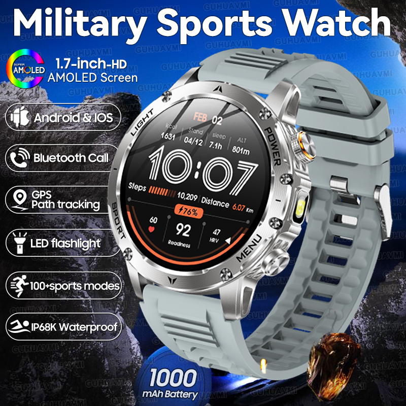 2025 New T-Rex 3 Military Grade 1000mAh Battery Smart Watch 5ATM Waterproof HD AMOLED LED Flashlight Call Men Sports Smartwatch
