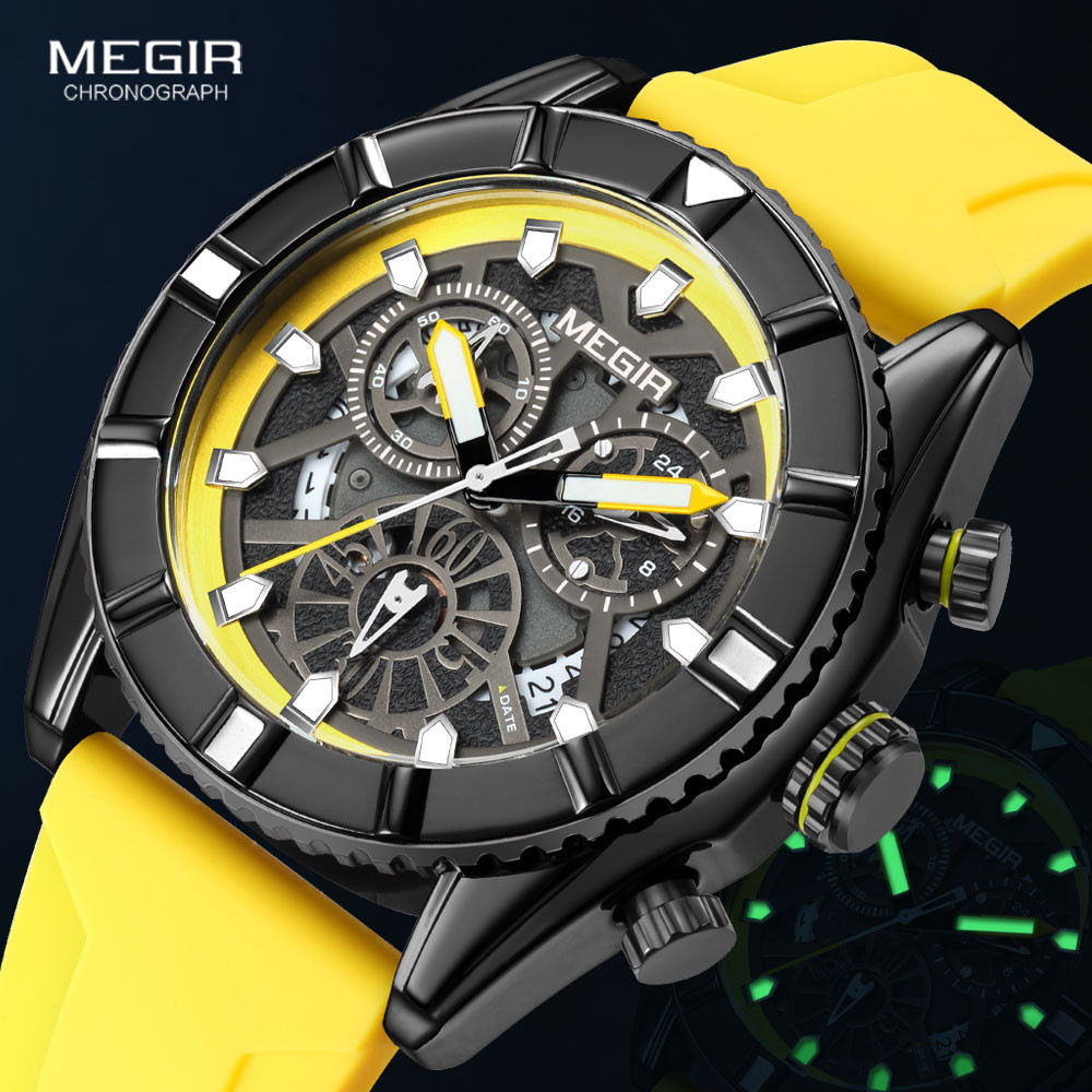 MEGIR Military Sport Watches for Men Fashion Chronograph Quartz Wristwatch Man Yellow Silicone Strap Waterproof Watch часы 2209