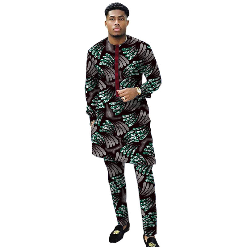 Nigerian Print Men Clothes Set Dashiki Shirts With Trousers Male Pant Suits Traditional Style African Pattern Wedding Wear