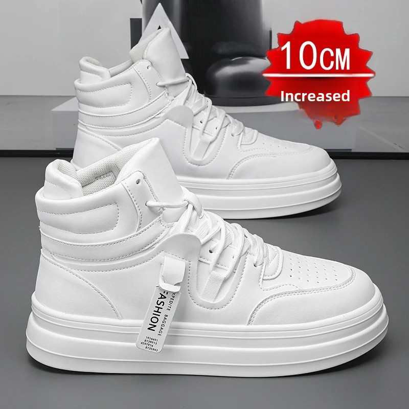 New Autumn/Winter Men's Casual Sneakers 12cm Increased Height 10cm Thick Sole White Shoes High Top Rubber Base Male Footwear