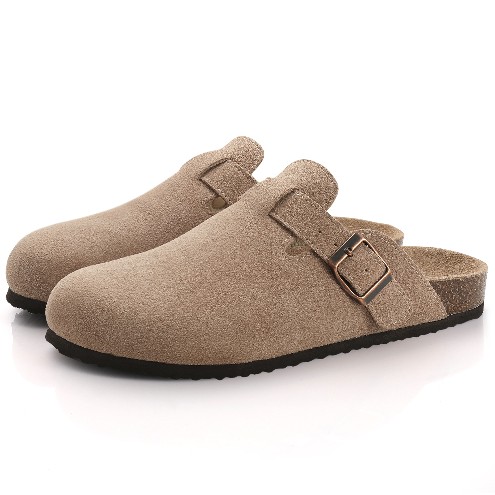 Evshine Cow Suede Cork Slippers Women Fashion Clogs Mules Footbed Cork Mules Men Baotou Slippers Summer Cork Sandals Comfy Mules