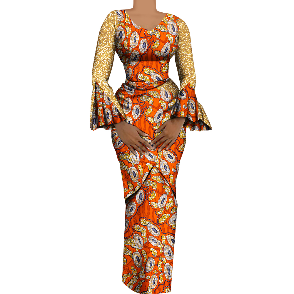 Women African Outfits 2 Pieces Set Shiny Flare Sleeves V Neck Tops and Long Pencil Skirts African Clothes for Women WY9972
