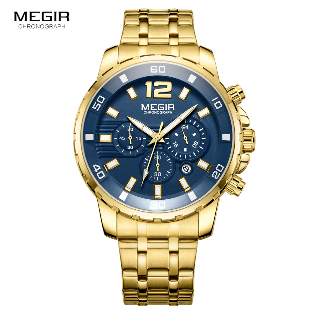 Megir Men's Gold Stainless Steel Quartz Watches Business Chronograph Analgue Wristwatch for Man Waterproof Luminous 2068GGD-2N3