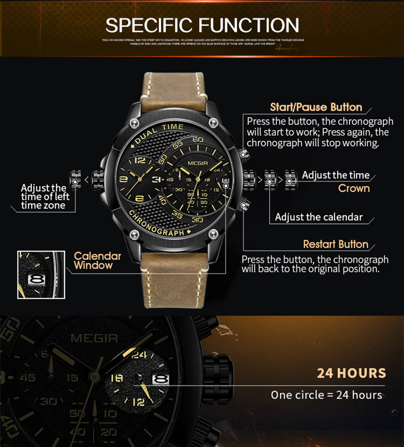 MEGIR Men's Casual Chronograph Luxury Leather Strap Quartz Sport Wristwatch Clock Waterproof Man Business Watches Reloj Hombre