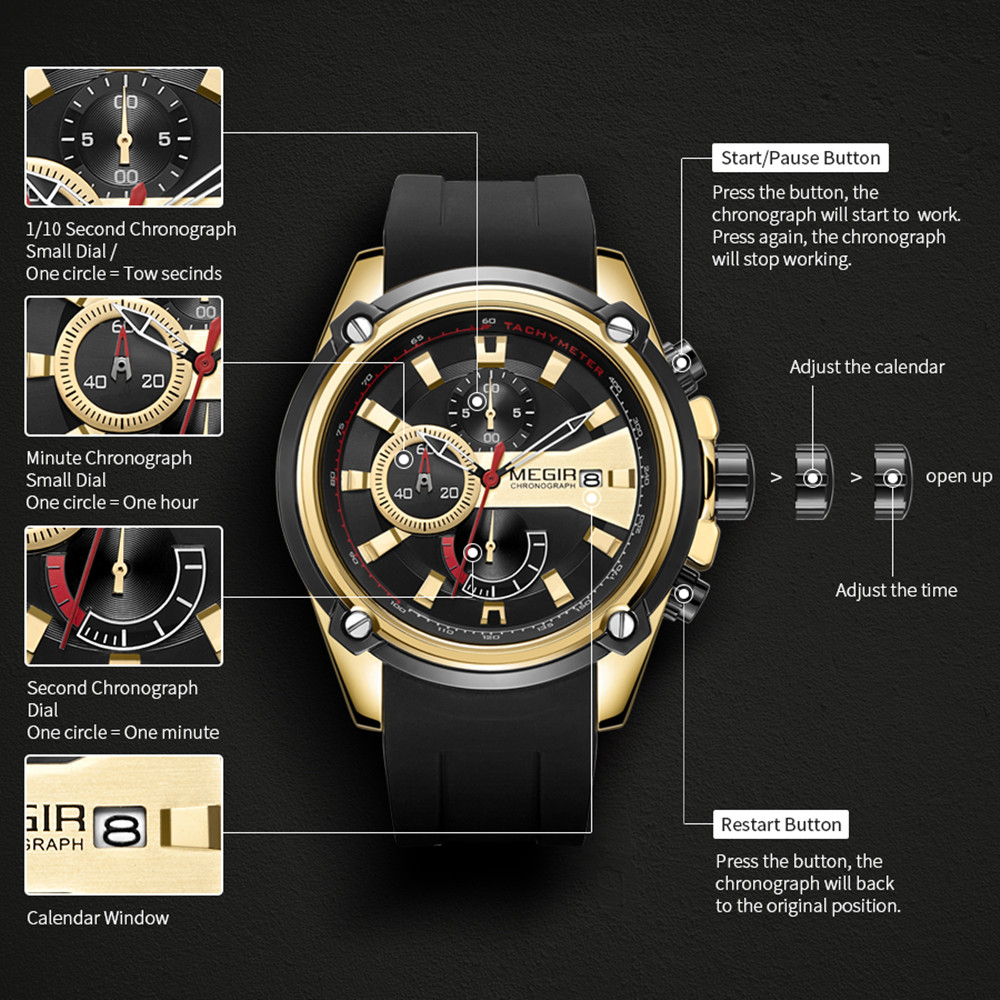 MEGIR Chronograph Luxury Brand Men Sports Watches Silicone Strap Quartz Casual Wristwatch Waterproof Calendar Reloj Hombre 2086