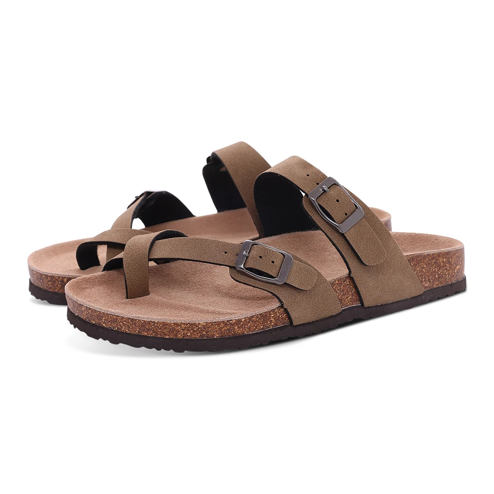 Comwarm Men's Cork Footbed Slides Sandals Arch Support Summer Outdoor Sandals with Adjustable Buckle Leisure Men Leather Slides