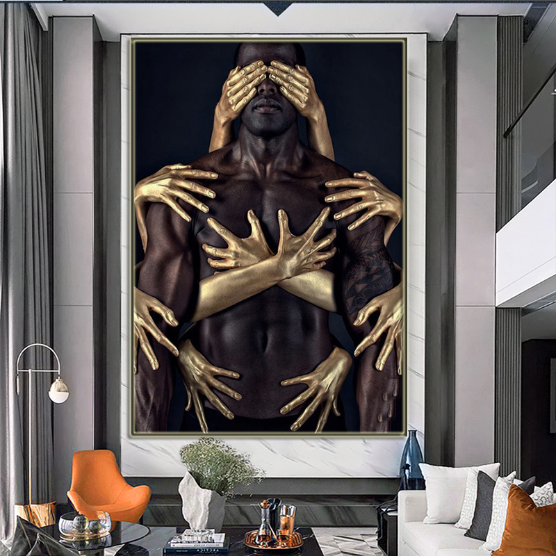 African Art Black Gold Nude Embrace Canvas Paintings Wall Art Posters and Prints Man Woman Wall Pictures for Living Room Cuadros
