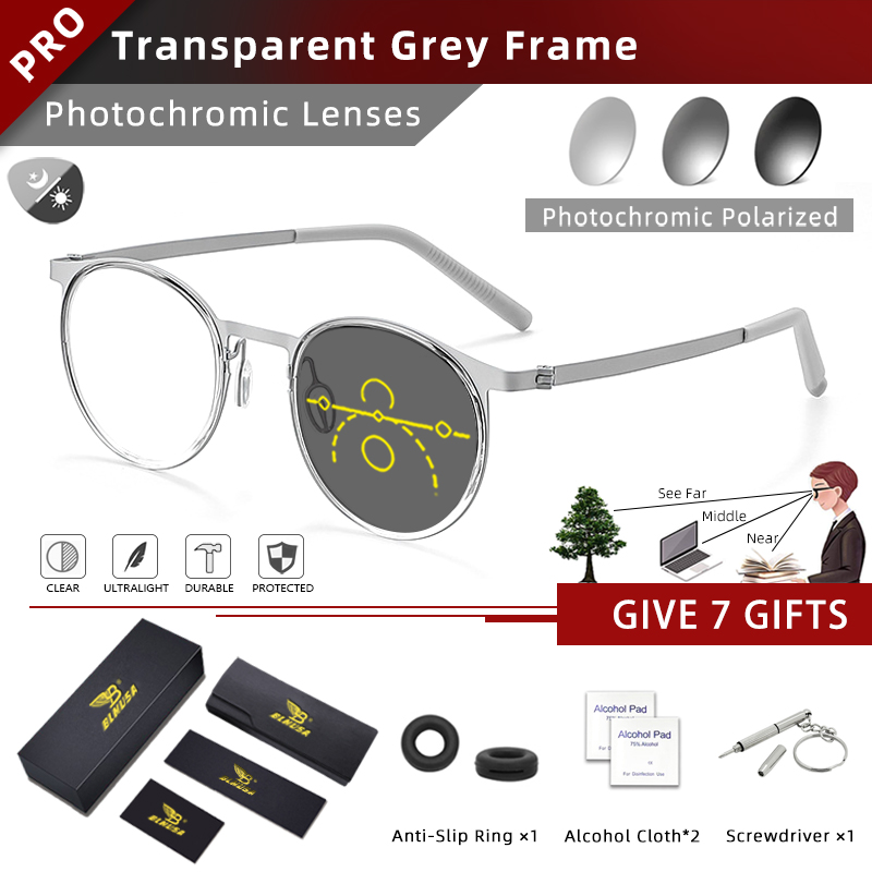 BLMUSA Vintage Round Optical Frame Anti Blue Light Reading Glasses for Men Ultralight Titanium Progressive Photochromic Glasses