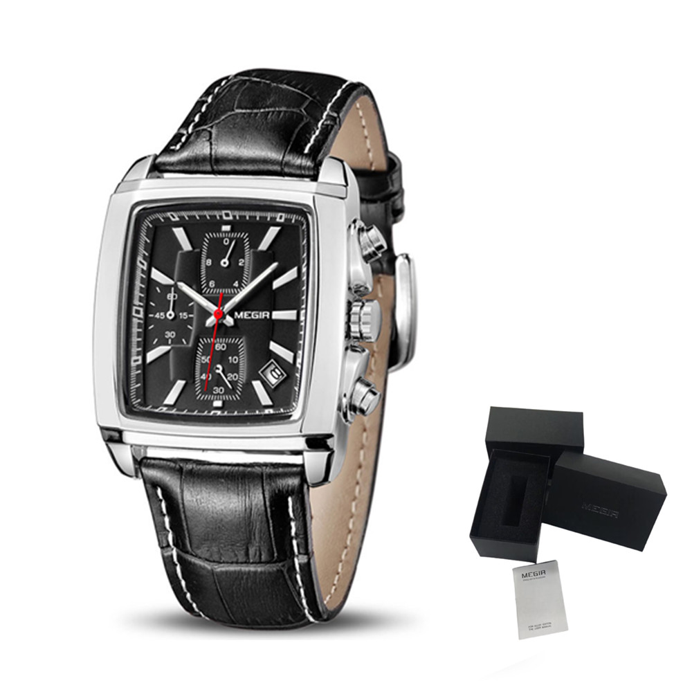 MEGIR Watch Men Business Wristwatch Rectangle Quartz Military Watches Waterproof Luminous Leather Casual Clock Reloj Hombre 2028