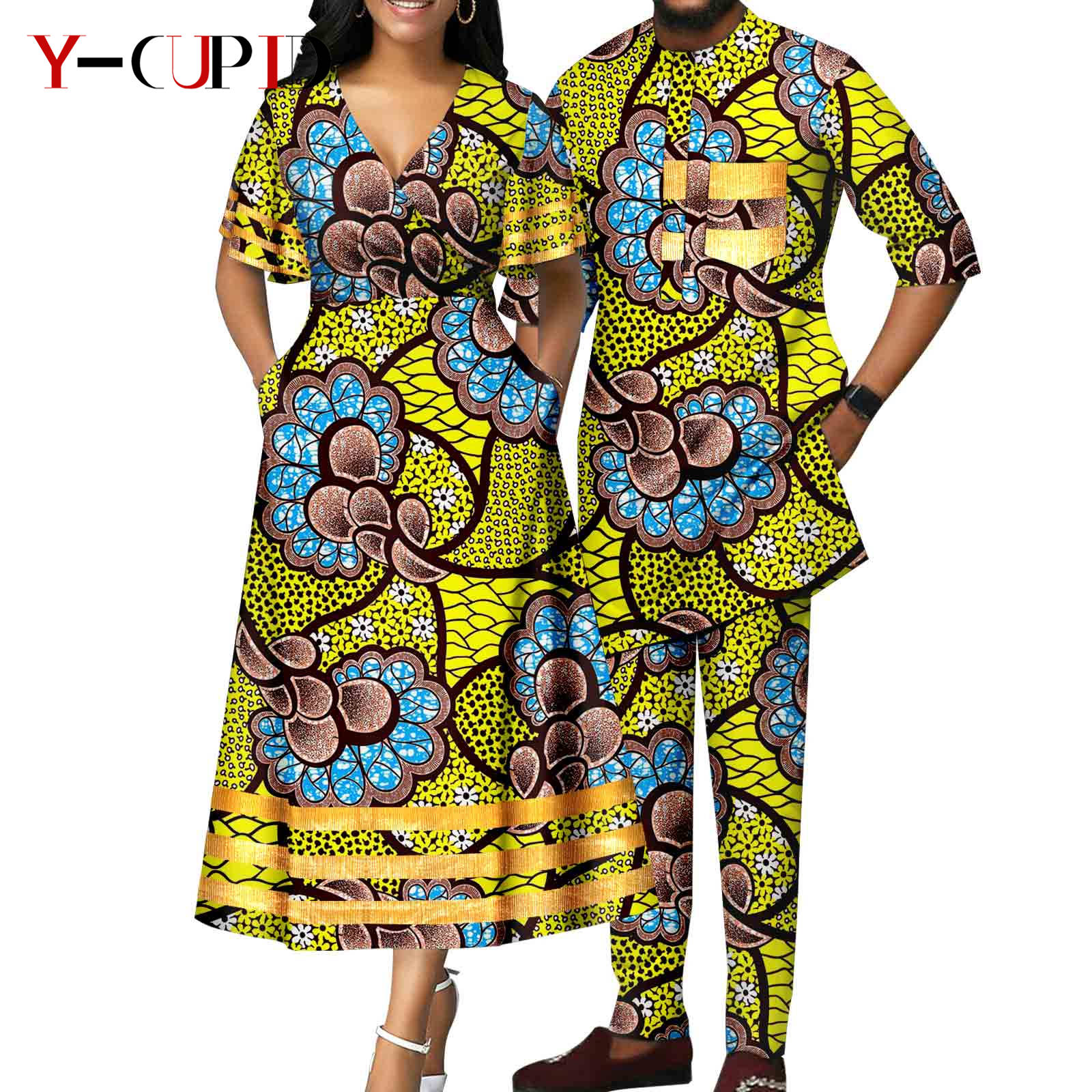 African Print V-neck Dresses for Women Couple Matching Men Outfits Top and Pant Sets Dashiki Bazin Riche Lover Outwear Y23C086