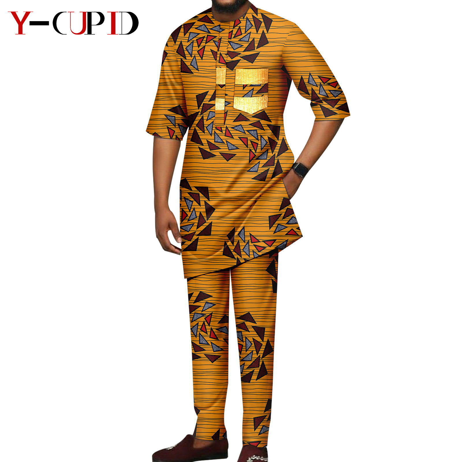 African Print V-neck Dresses for Women Couple Matching Men Outfits Top and Pant Sets Dashiki Bazin Riche Lover Outwear Y23C086