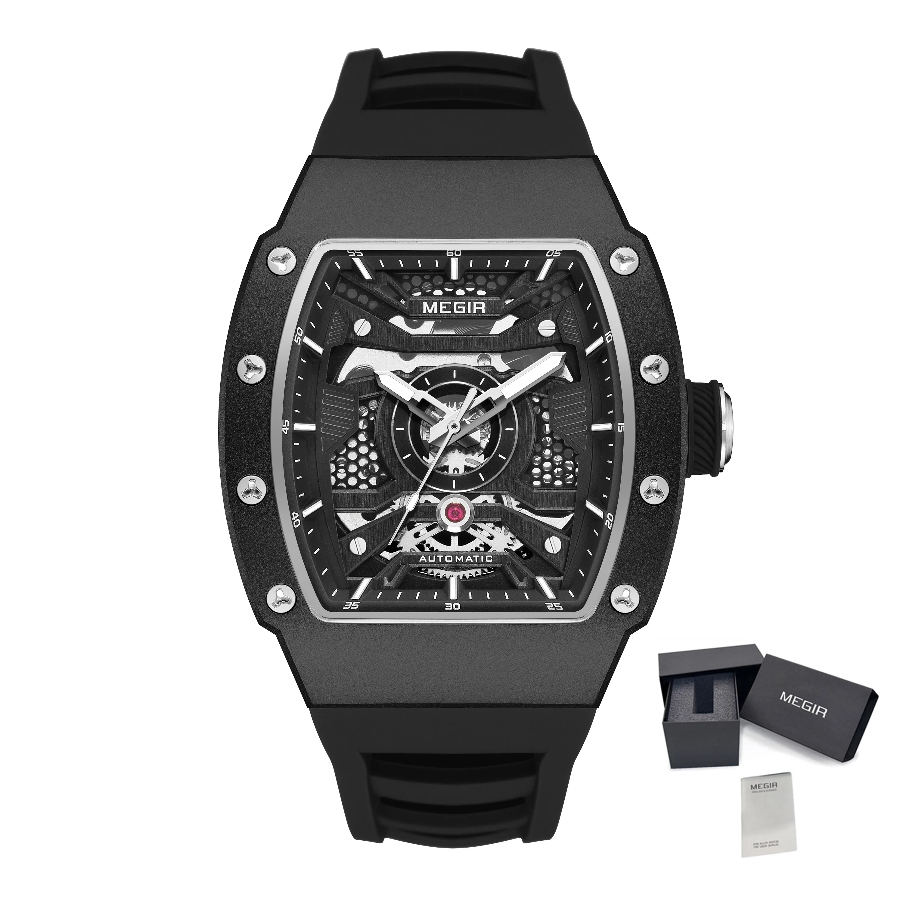 MEGIR 8604 Luxury Men's Automatic Mechanical Watch Waterproof Hollow Out Silicone Strap Sports Wristwatch Clock Reloj Hombre