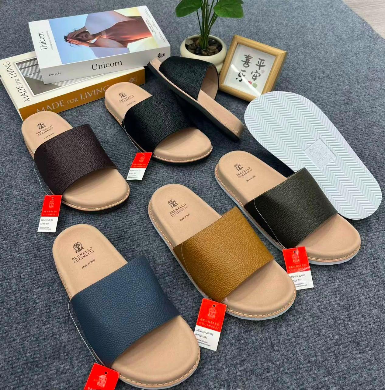 Brunello Cucinelli Olive Green Leather Slide Sandals