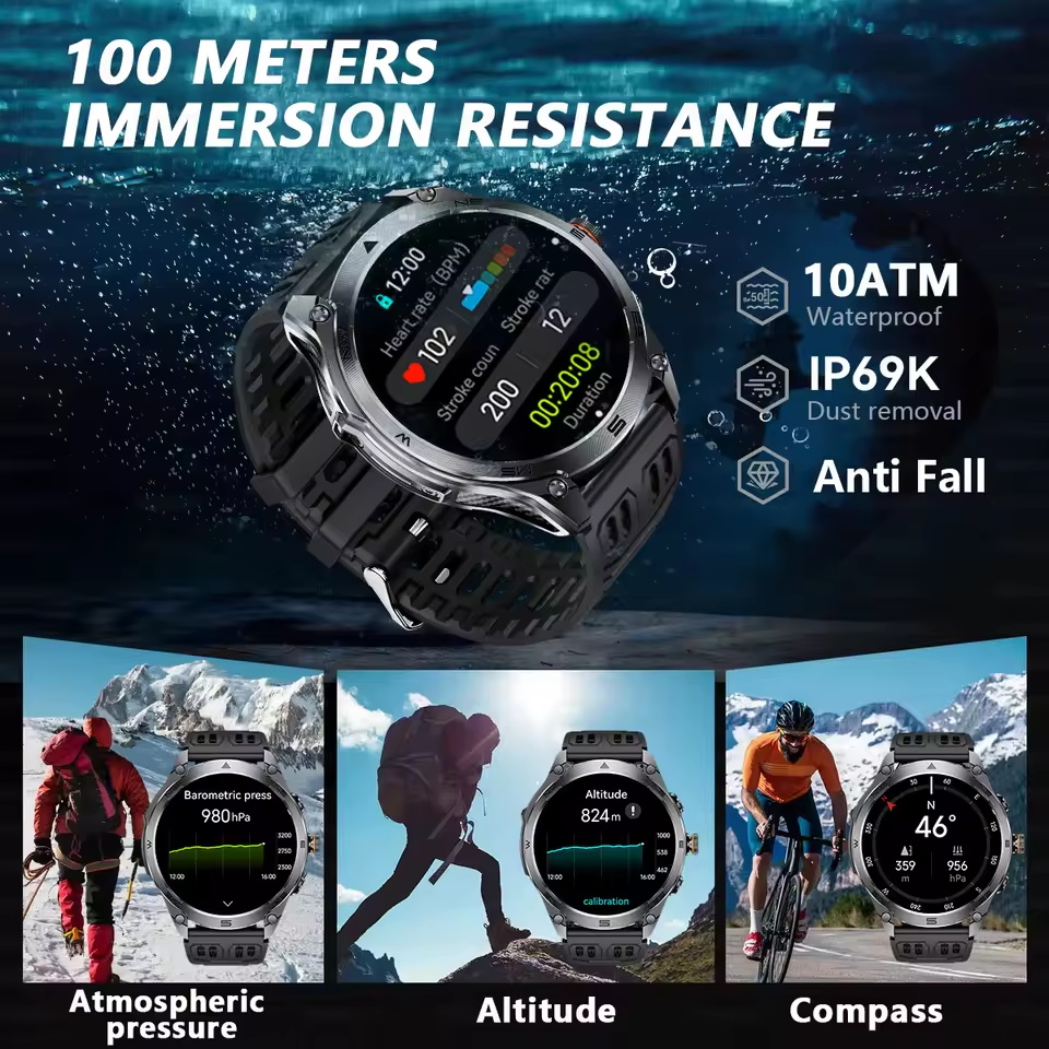 2025 New Outdoors Military T-Rex3 GPS SmartWatch 10ATM Waterproof Swim Watch Built in GPS Compass Voice Call Sports Bracelet Men