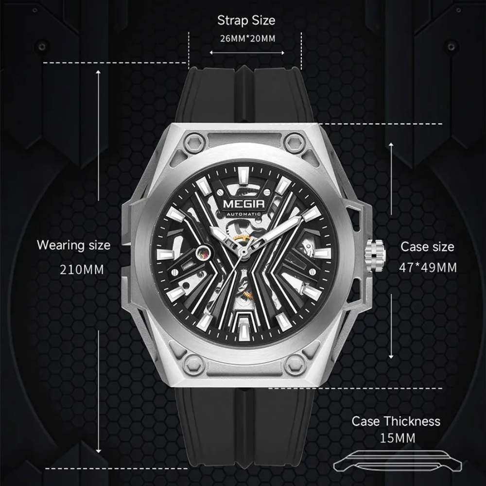 MEGIR 8603 Fashion Automatical Watch for Men Military Sport Waterproof Mechanical Skeleton Dial Silicone Strap Watches for Man