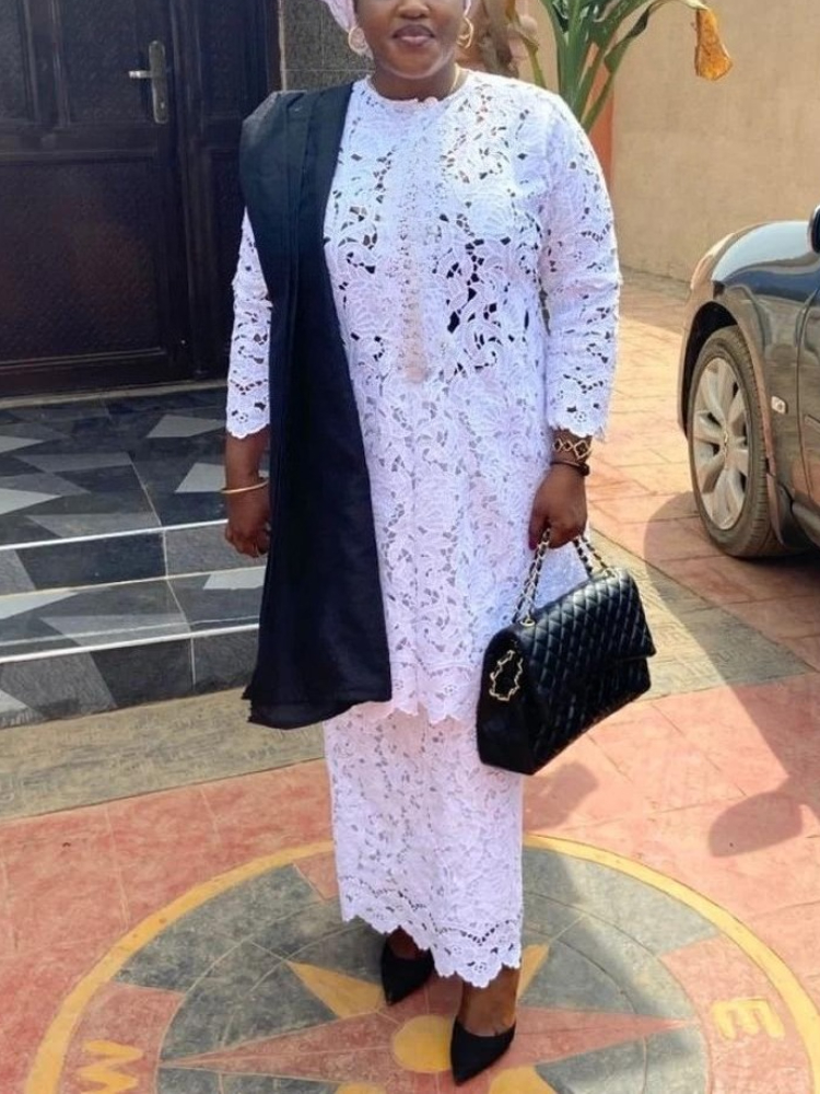 Women White Lace Two Pieces Set Loose Long Tops Shirt with High Waist Skirt Elegant African Clothing Kaftan Church Occasion New