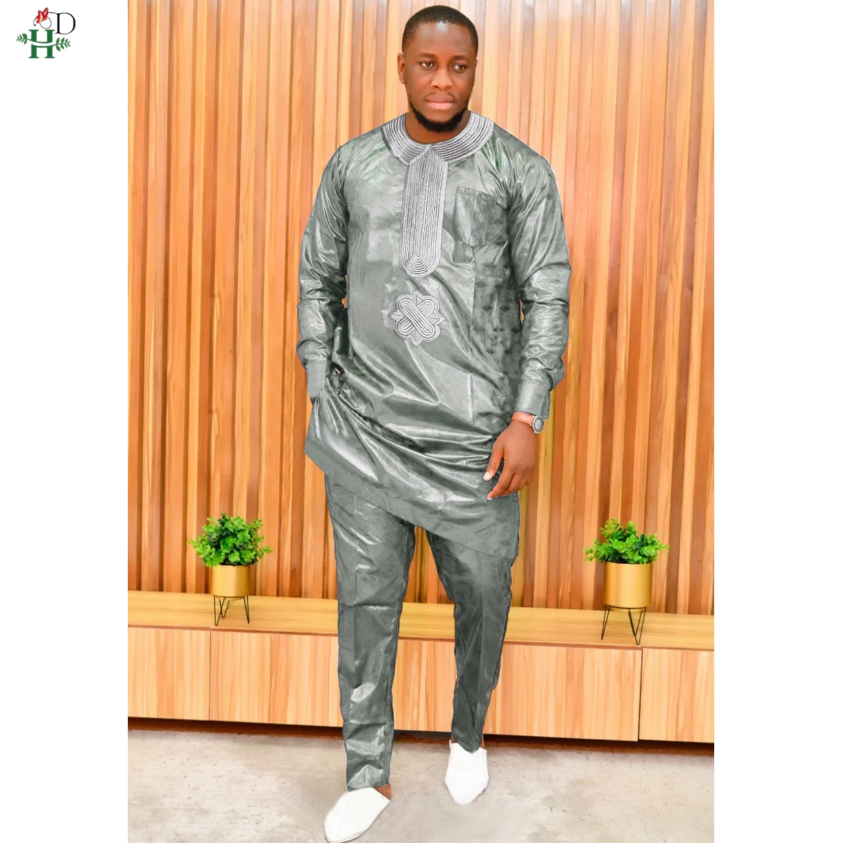 H&D African Clothes For Men Dashiki Top Pant 2 Pieces Outfit Set Riche Grey Embroidery Shirt Trouser Rich Bazin Original Muslim