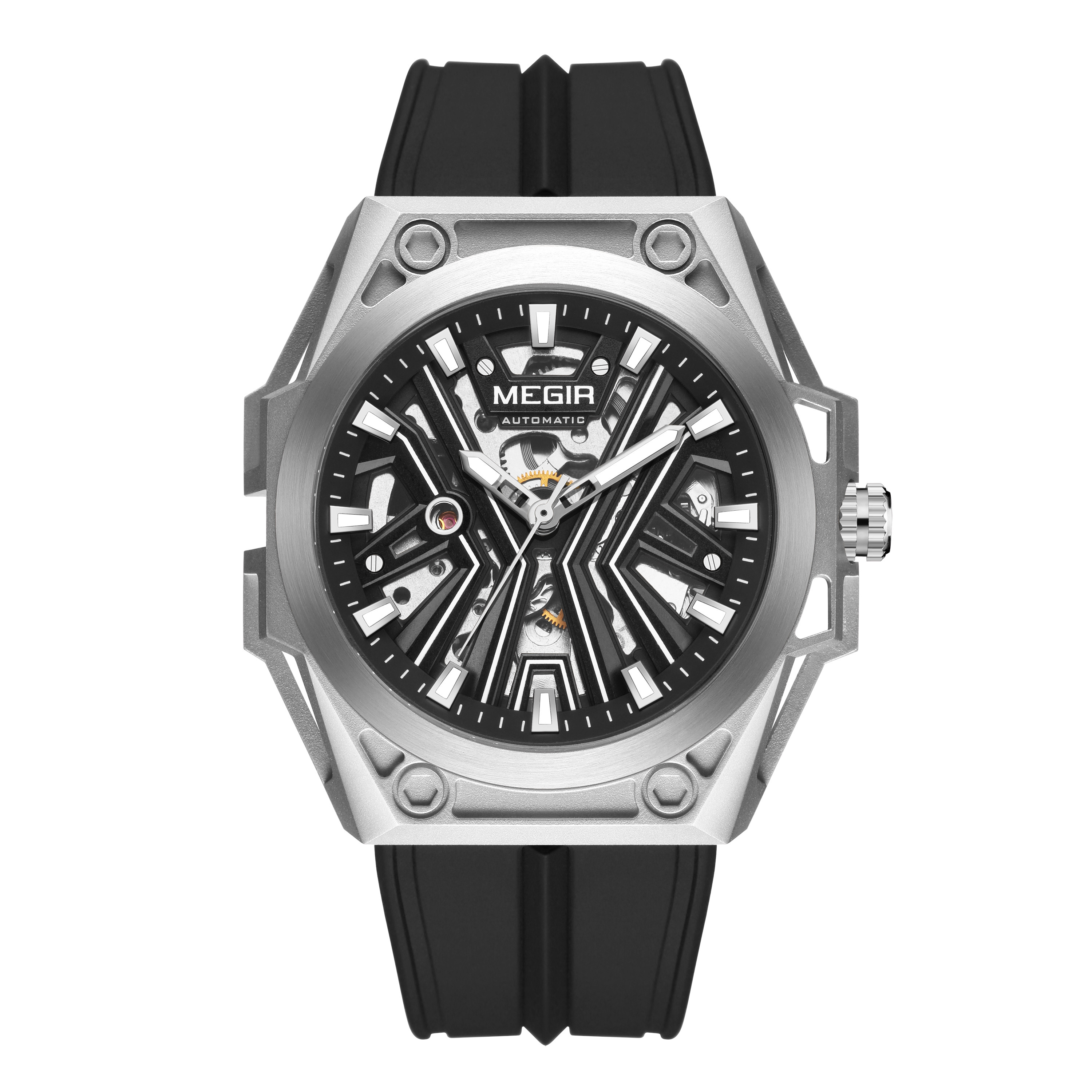 MEGIR New Stainless Steel Case Skeleton Mechanical Watch Waterproof Luminous Men Fully Automatic Wristwatch Silicone Strap Watch