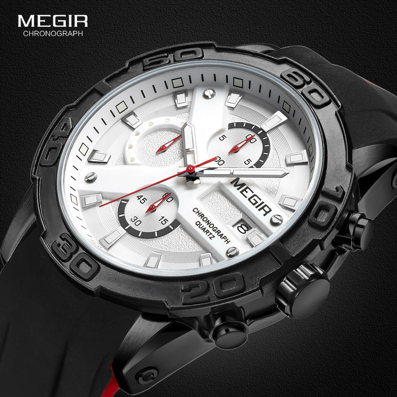 MEGIR Sports Chronograph Quartz Watches for Men Silicone Strap Military Army Luminous Wateproof Wrist Watch Relogios 2055G-BK-7