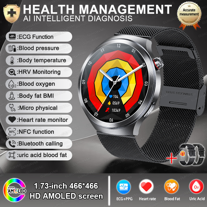 2025 New Health detection ECG+PPG Uric Acid Blood Oxygen Body Analysis Smart Watch Clock Bluetooth BT Call Smart Watch Men