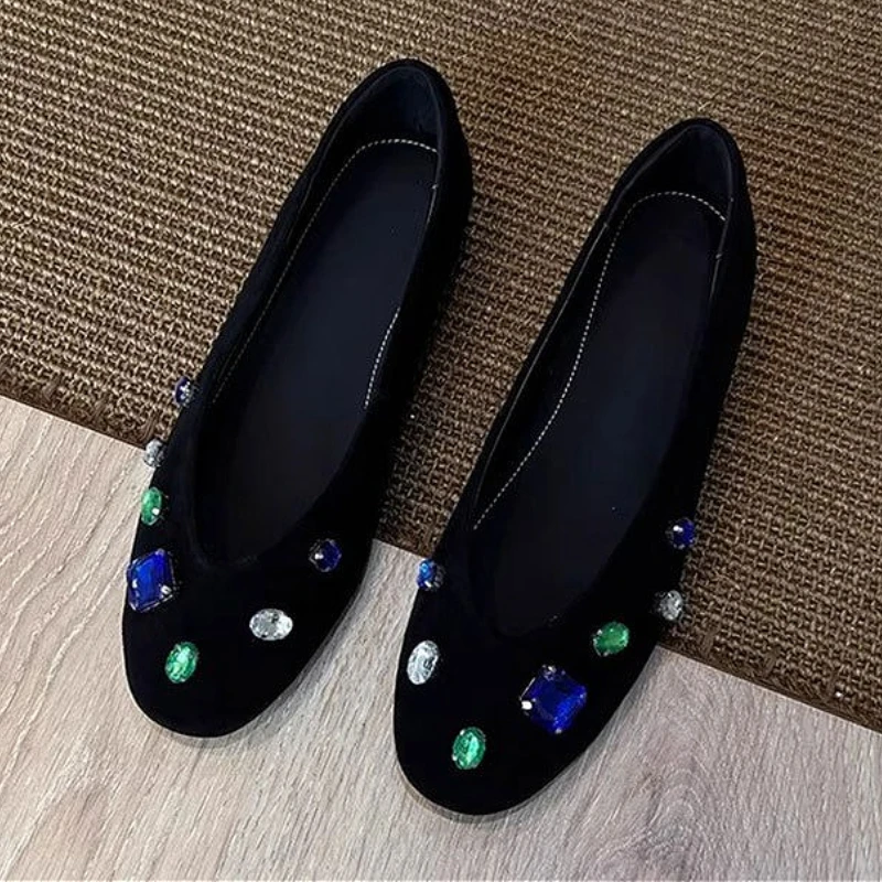 Luxury Colorful Gemstone Flats Women Comfortable Round Toe Shallow Suede Loafers for Ladies Elegant Brand Designer Casual Shoes