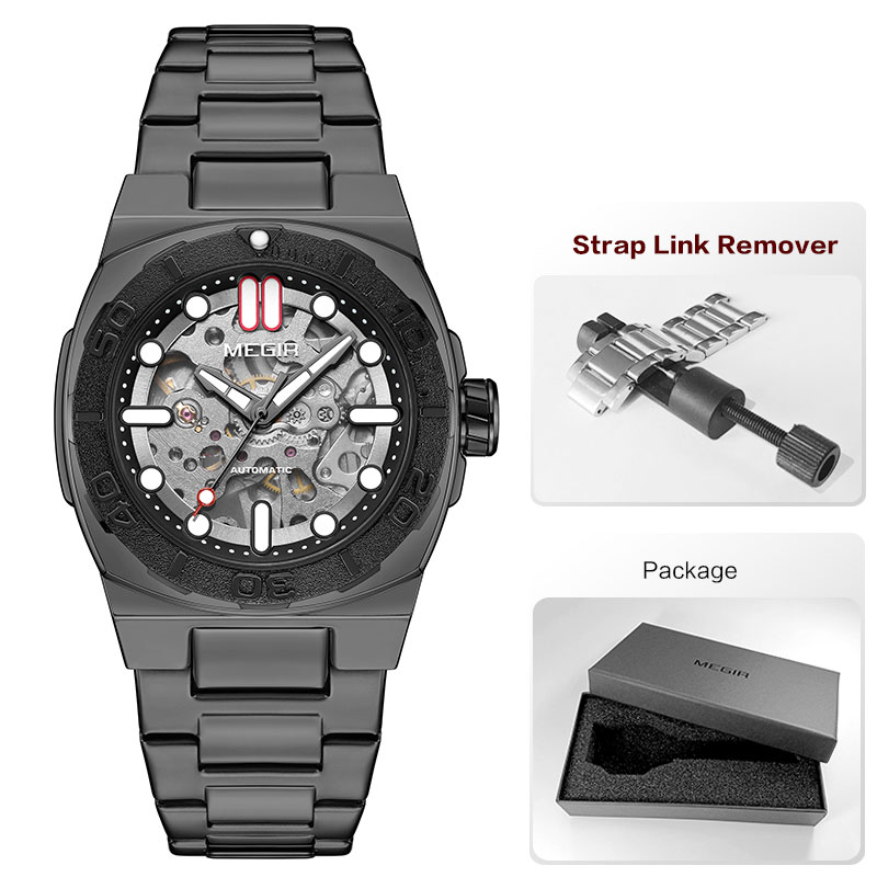 MEGIR Business Style Watch for Men Fashion Automatic Mechanical Wristwatch with Transparent Skeleton Dial & Stainless Steel Band