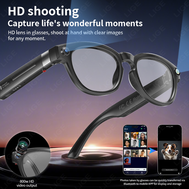 LIGE 4K 800W HD Camera Smart Glasses Recording Videos 290mAh AI Photo Recognition Chat Translation Bluetooth Photochromic Lenses