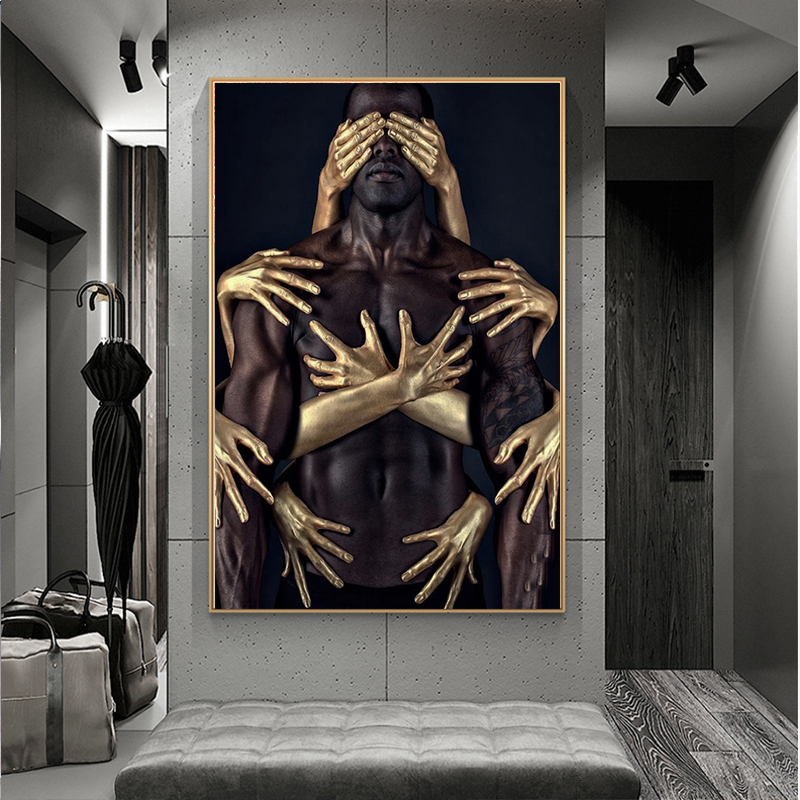 African Art Black Gold Nude Embrace Canvas Paintings Wall Art Posters and Prints Man Woman Wall Pictures for Living Room Cuadros