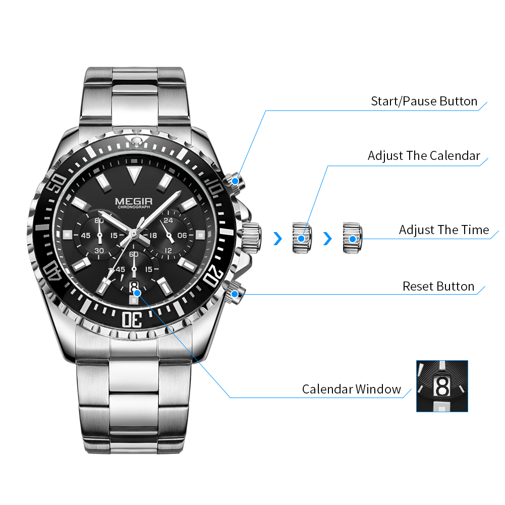MEGIR Original Luxury Men Business Quartz Watches Stainless Steel Chronograph Military Wristwatch Clock Relogio Masculino 2064
