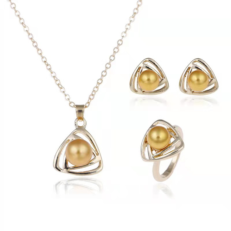 Fashion casual triangular pearl Hollow out necklace + stud + ring 3 piece set Women's classic accessories jewelry set