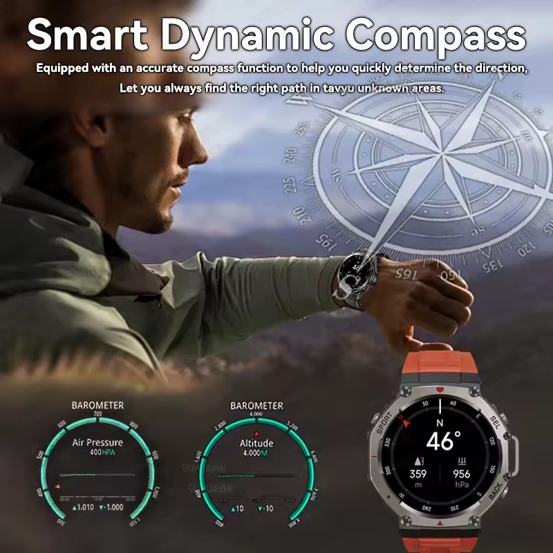 2025 New Military Bluetooth Call Smart Watch Built-in GPS Compass Barometric Altimeter 10ATM Waterproof Sports Smartwatches Men