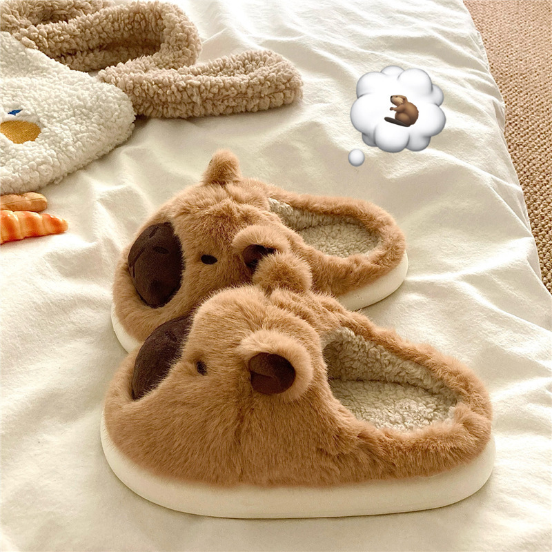 Capybara Slippers Women Winter One Word Cotton Cartoon Anime Cute Student Bedroom Suede Warm Fury Slippers Non Slip Flat Shoes