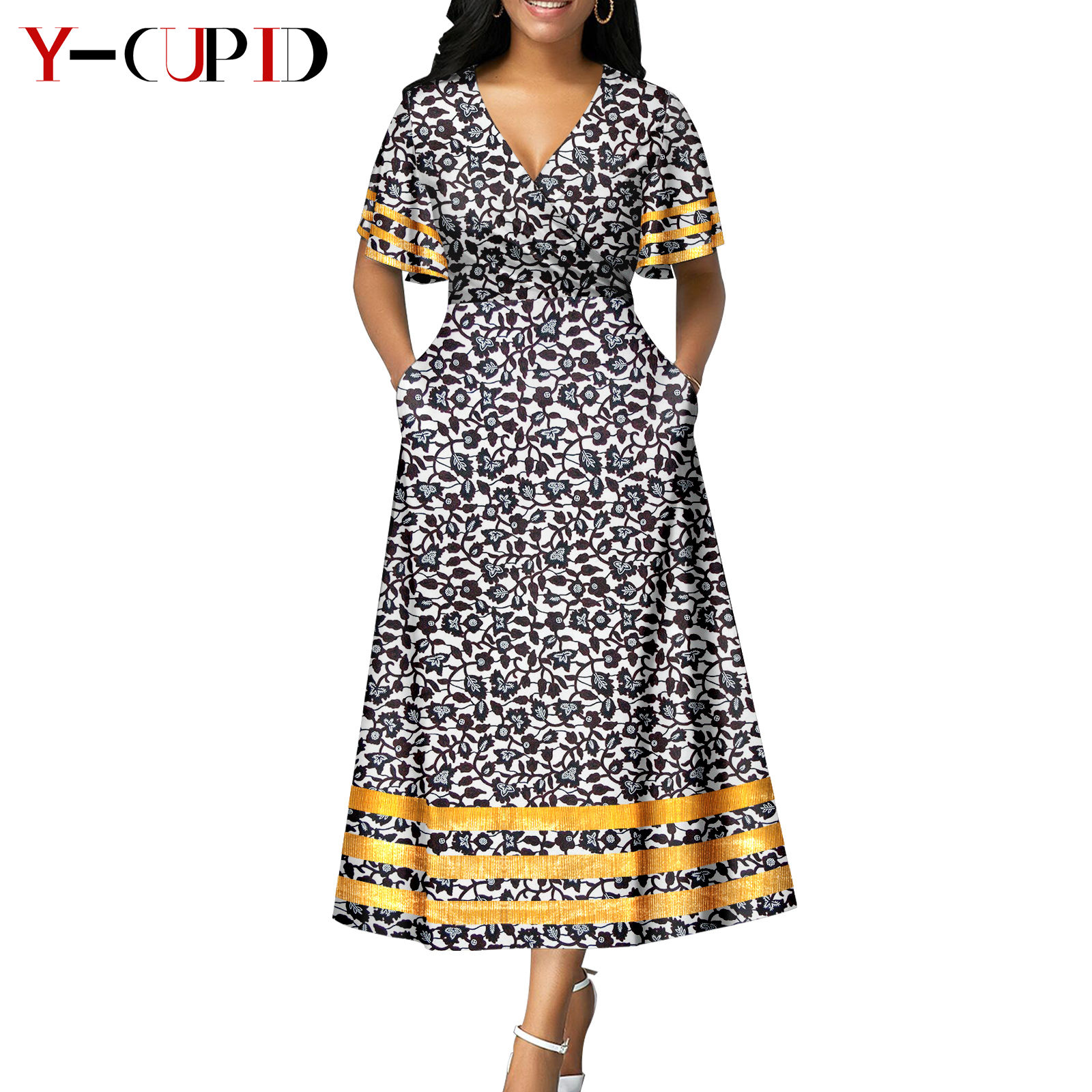 African Print V-neck Dresses for Women Couple Matching Men Outfits Top and Pant Sets Dashiki Bazin Riche Lover Outwear Y23C086